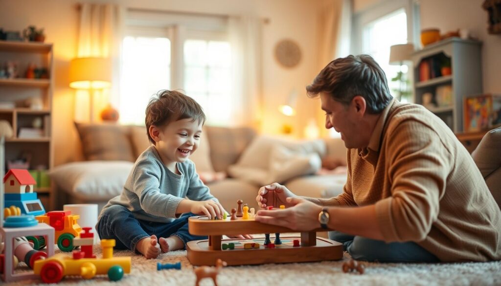 Generate an image of a child playing a simple board game with a parent.