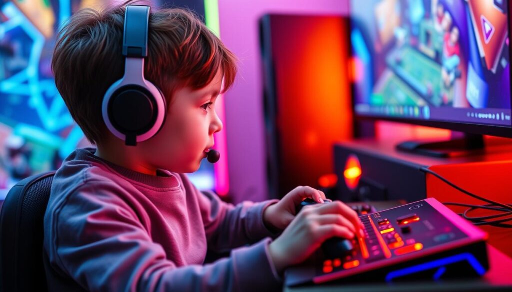 Generate an image of a child playing a strategic video game on a console.