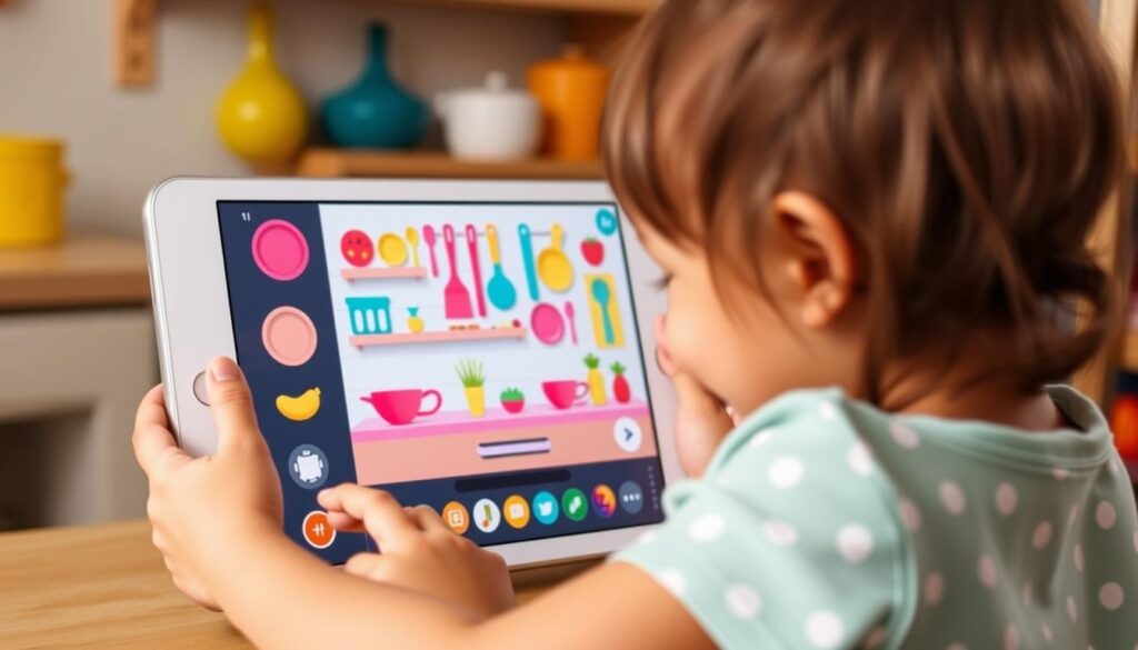 Generate an image of a child playing with Toca Boca's Toca Kitchen app, with various kitchen utensils and food items displayed on the screen.