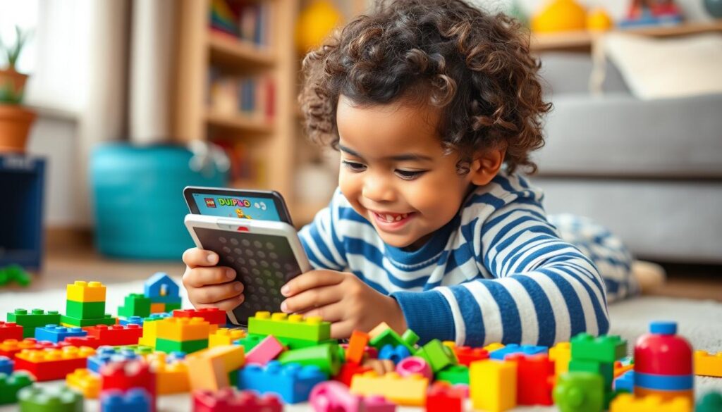Generate an image of a child playing with the LEGO Duplo World app on a tablet.