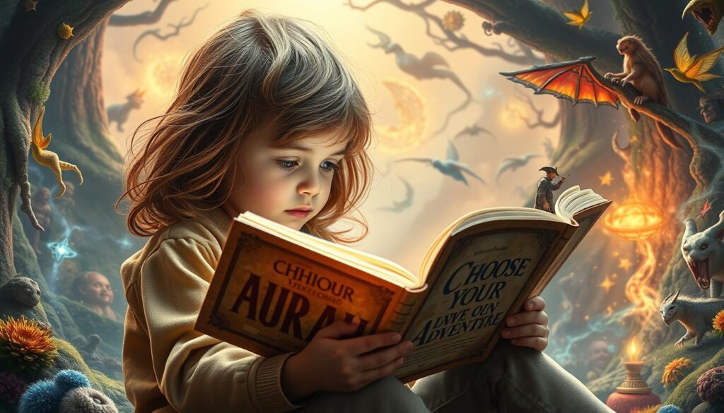 Generate an image of a child reading a "Choose Your Own Adventure" book with a fantasy background.