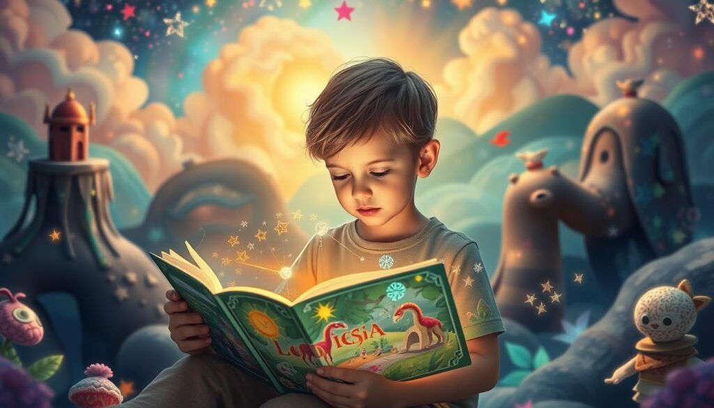 Generate an image of a child reading a Lunesia story with STEM concepts embedded in a magical adventure.