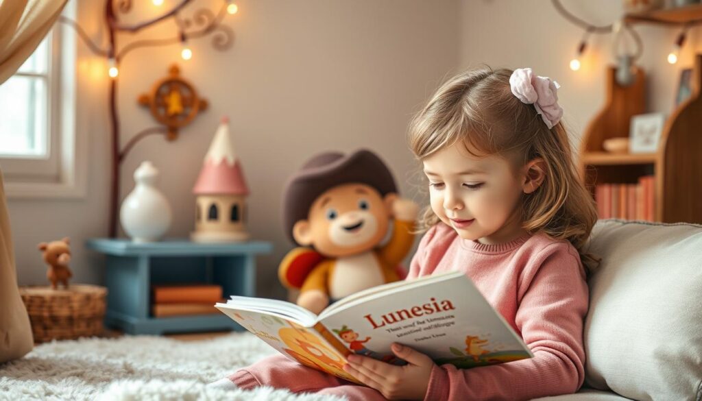Generate an image of a child reading a Lunesia story with a character that represents emotional intelligence.