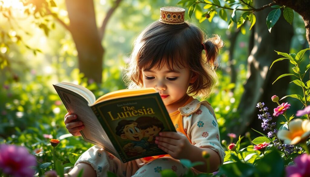 Generate an image of a child reading a Lunesia storybook in a lush, green forest.