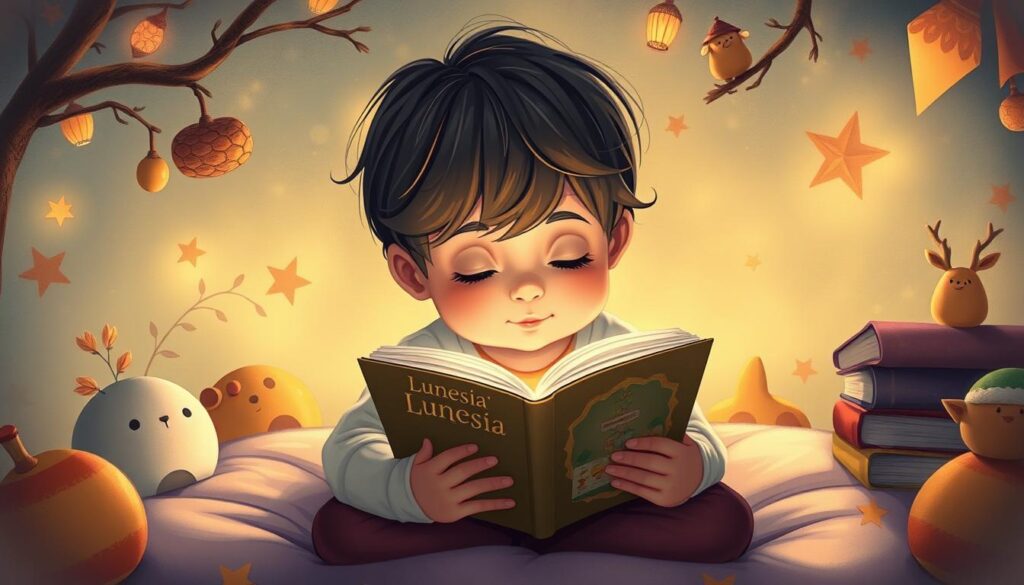 Generate an image of a child reading a Lunesia storybook with a comforting, magical environment.