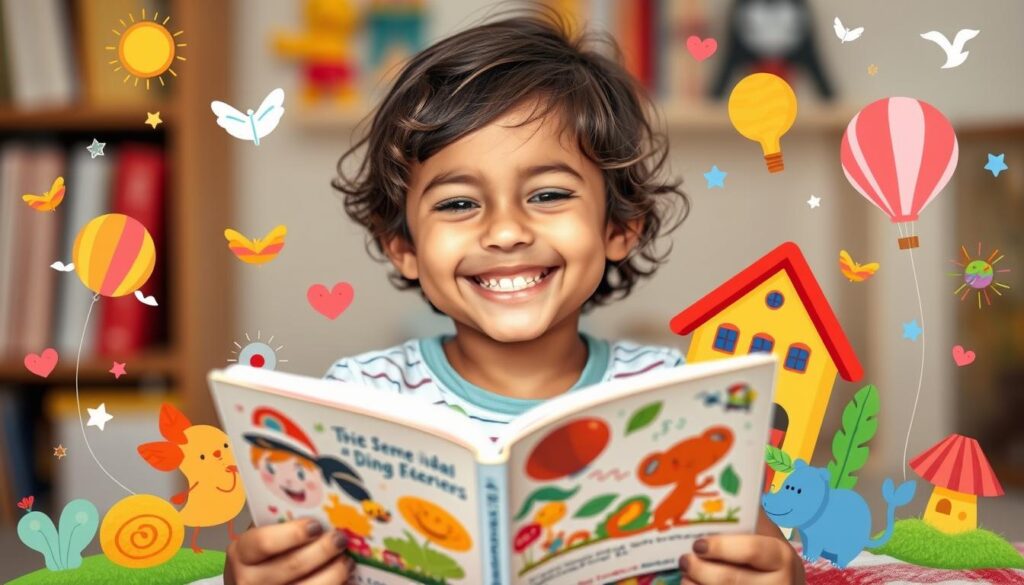 Generate an image of a child reading a book with a big smile, surrounded by colorful illustrations.