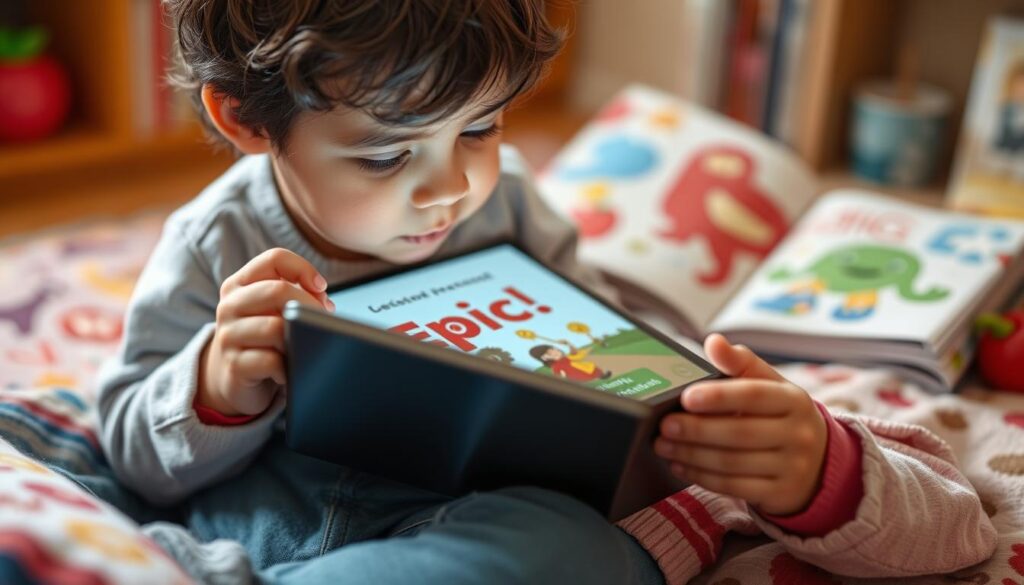 Generate an image of a child reading a digital book on Epic! on a tablet.