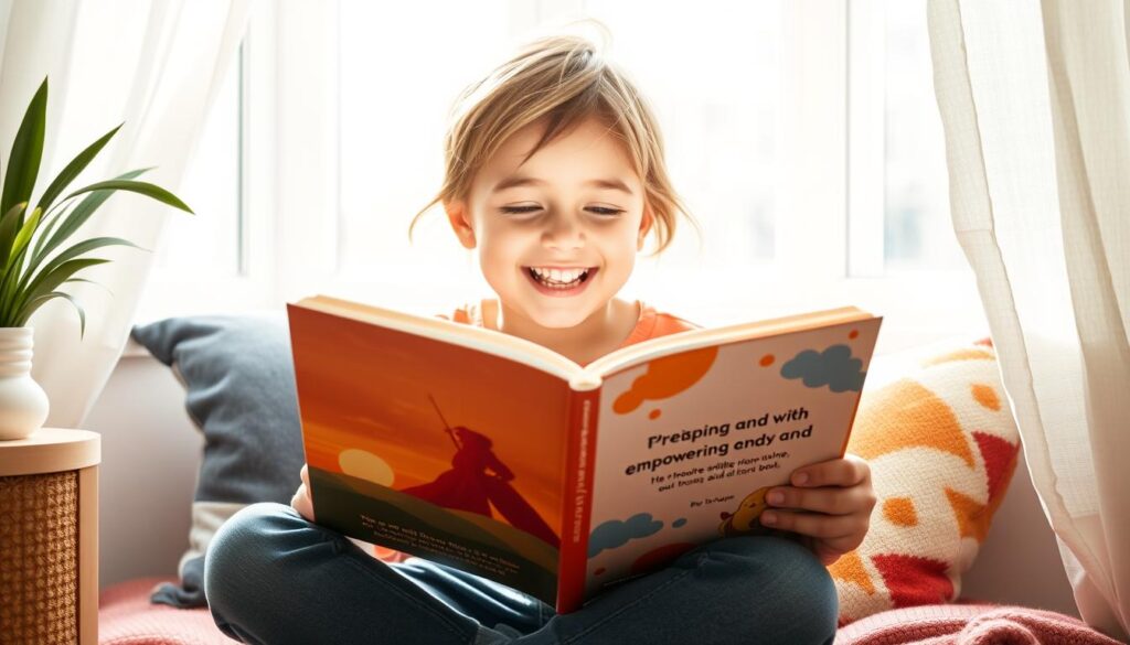 Generate an image of a child reading a modern children's book with an empowering ending.