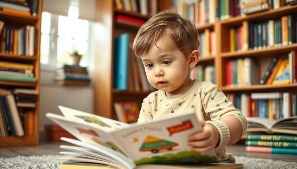 Generate an image of a child reading an interactive book with a curious expression, surrounded by bookshelves.