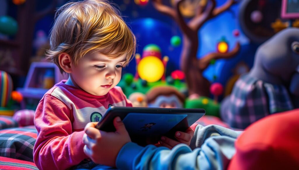 Generate an image of a child reading an interactive story on a tablet.