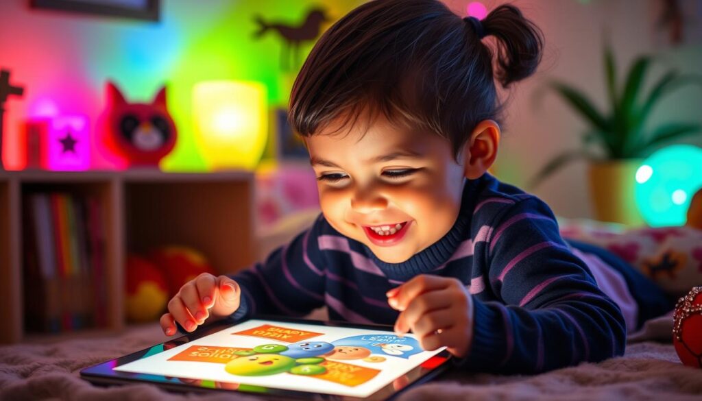 Generate an image of a child reading an interactive story on a tablet