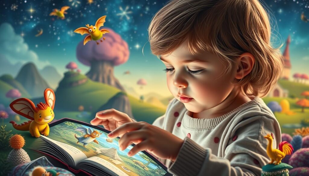 Generate an image of a child reading an interactive story on a tablet, surrounded by magical creatures and fantastical worlds.
