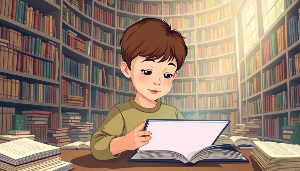 Generate an image of a child reading on a tablet with a vast library in the background.