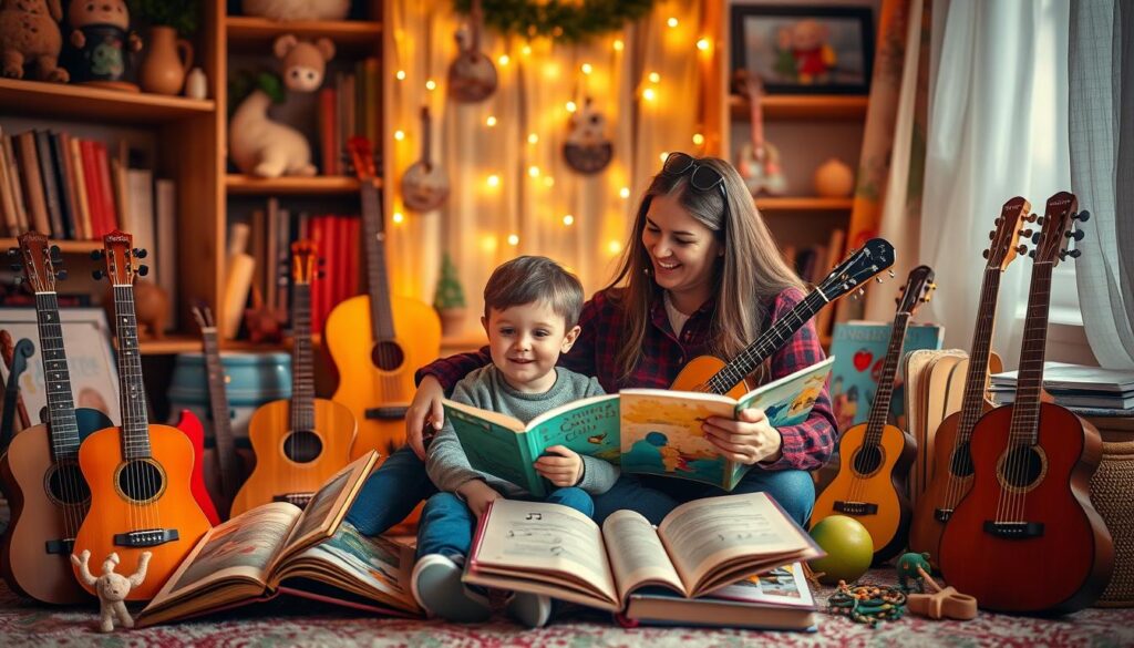 Generate an image of a child sitting with a parent, surrounded by musical instruments and storybooks, with a magical glow around them.