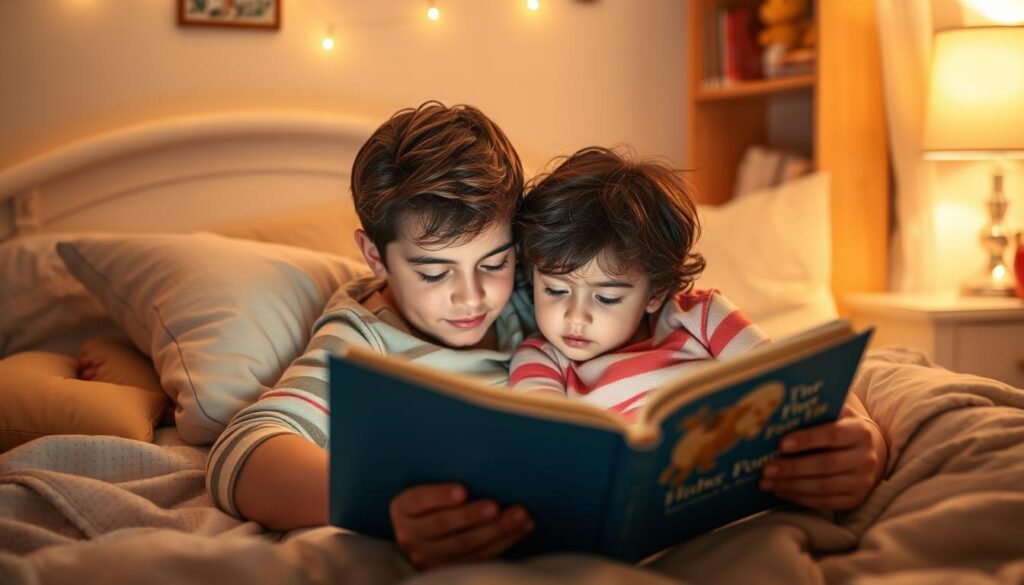 Generate an image of a child snuggled up with a parent reading a bedtime story.