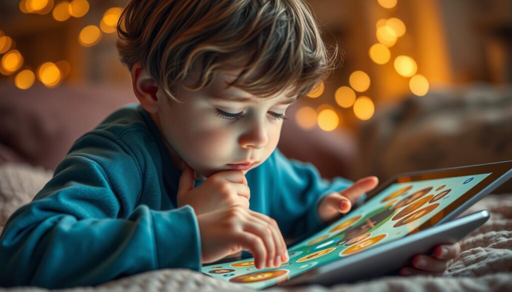 Generate an image of a child solving a Thinkrolls puzzle on a tablet, with a thoughtful expression.