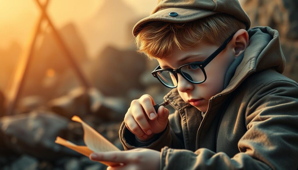 Generate an image of a child solving a mystery by examining clues, with a backdrop of an exciting adventure.