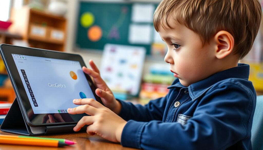 Generate an image of a child using GeoGebra on a tablet.