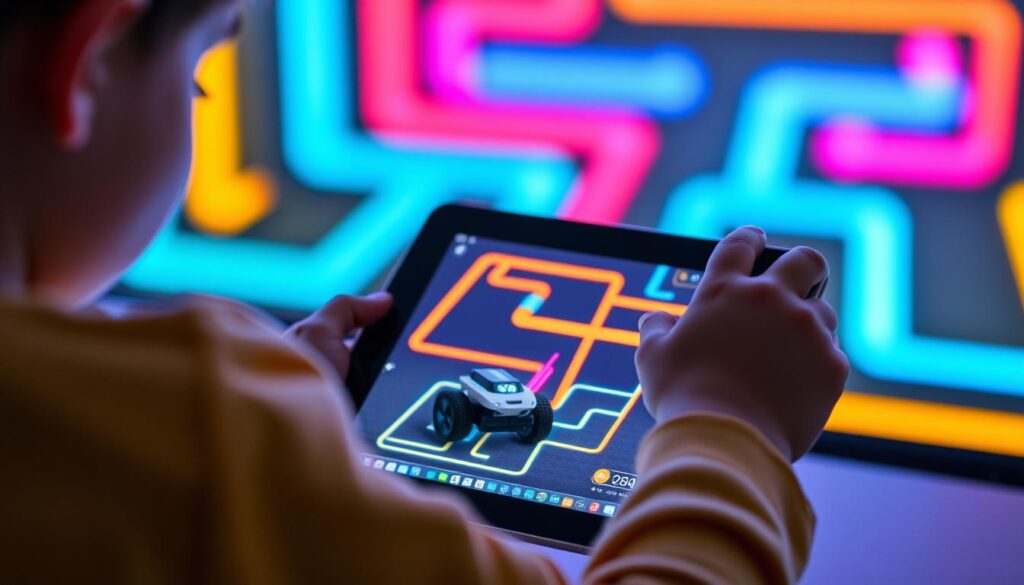 Generate an image of a child using Lightbot on a tablet, programming a robot to navigate a maze.