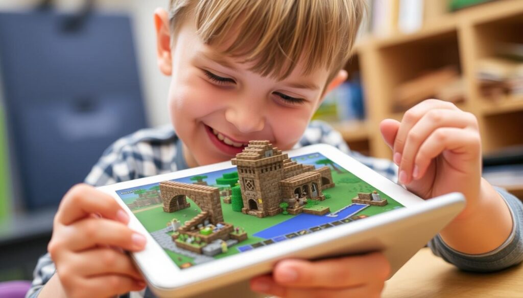 Generate an image of a child using Minecraft: Education Edition on a tablet, building a complex structure.