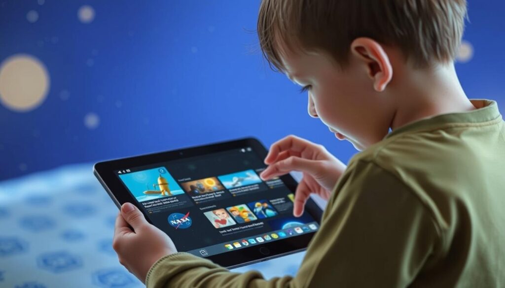 Generate an image of a child using NASA Space Place on a tablet, with interactive games and articles about space.