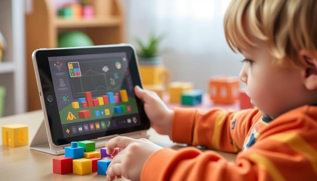 Generate an image of a child using Osmo with a tablet, manipulating physical blocks to learn coding concepts.