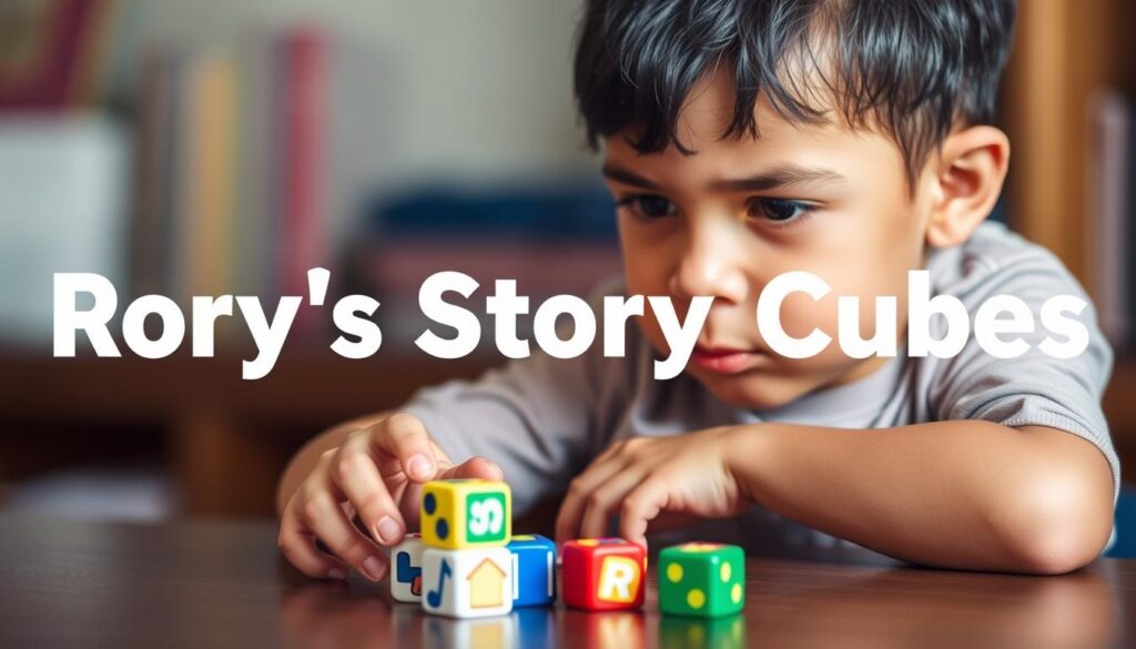 Generate an image of a child using Rory's Story Cubes to create a narrative, with a thoughtful expression.