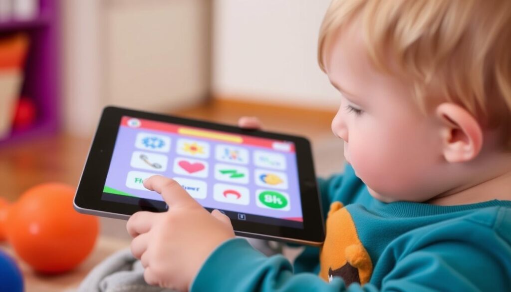 Generate an image of a child using Starfall on a tablet, with phonics-based activities on the screen.
