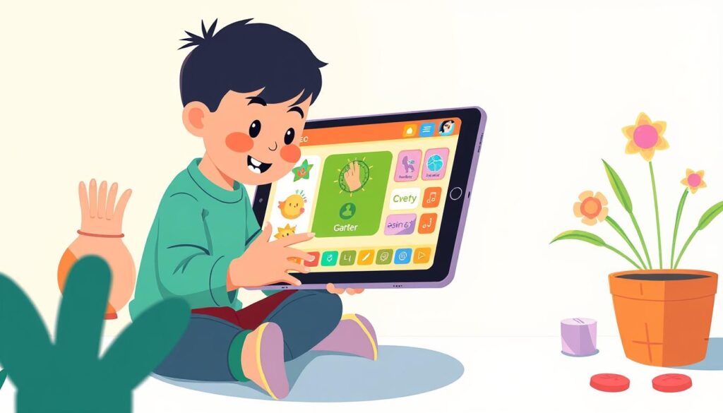 Generate an image of a child using Toca Lab: Elements on a tablet, with a fun and colorful interface.