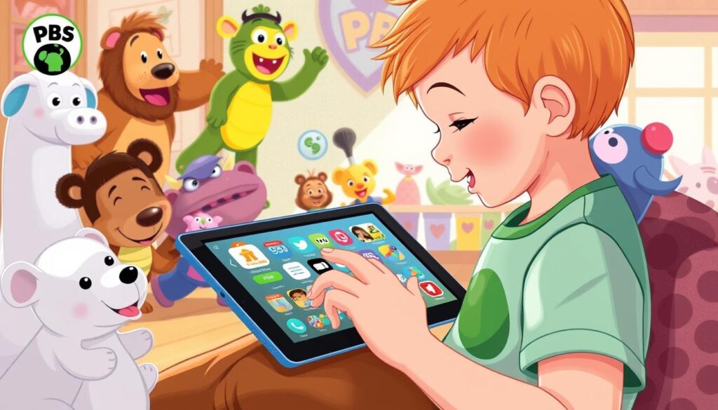 Generate an image of a child using a PBS Kids app on a tablet, with beloved characters from PBS Kids shows.