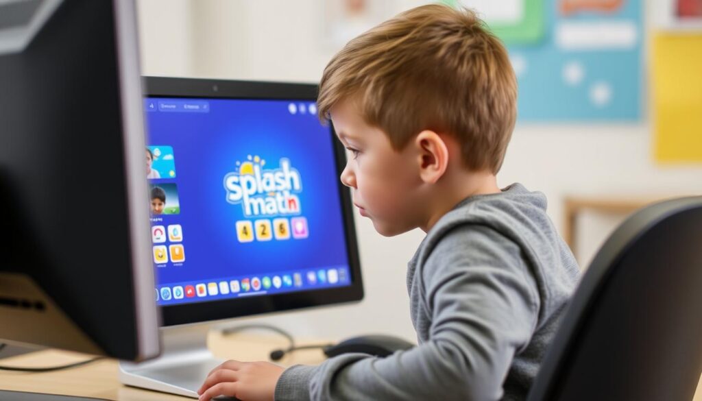 Generate an image of a child using a computer with Splash Math on the screen.