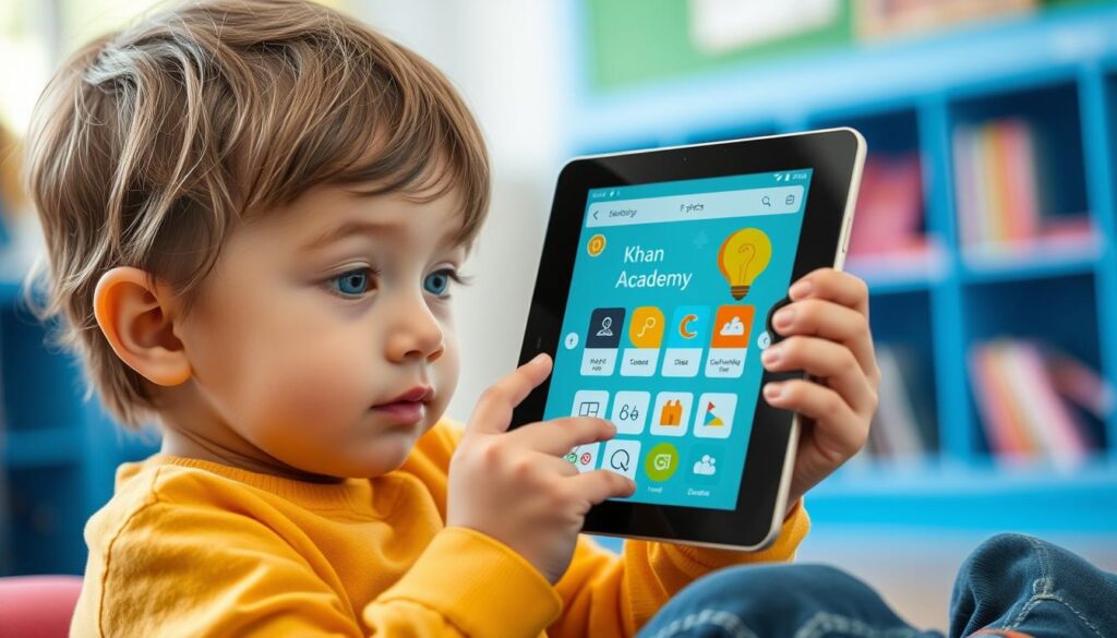 Generate an image of a child using a tablet with Khan Academy Kids on the screen.