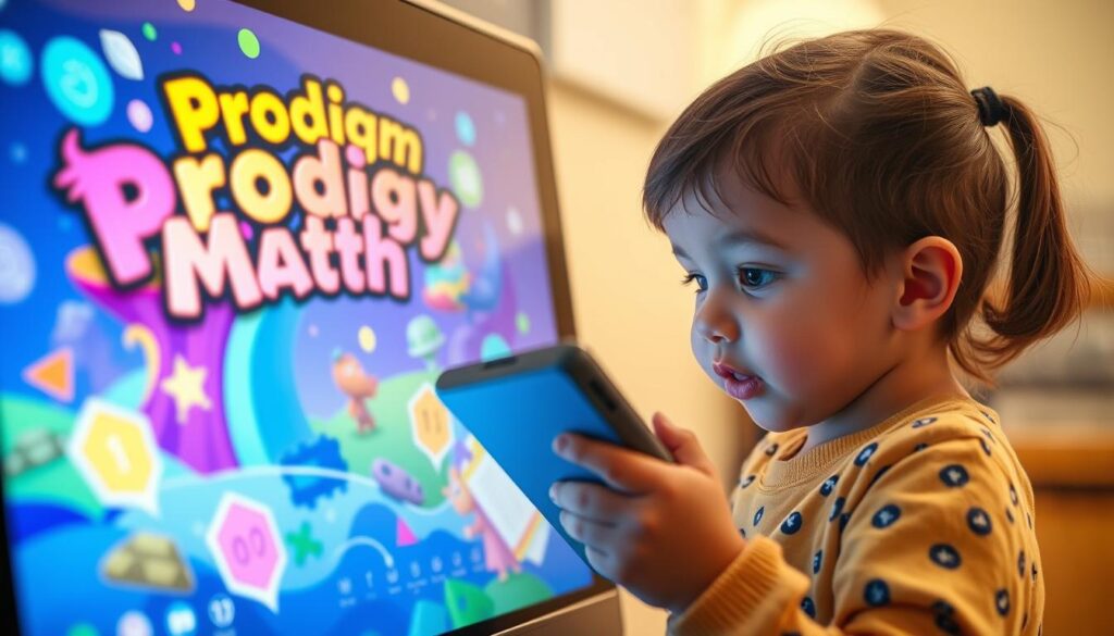 Generate an image of a child using a tablet with Prodigy Math's fantasy world on the screen.