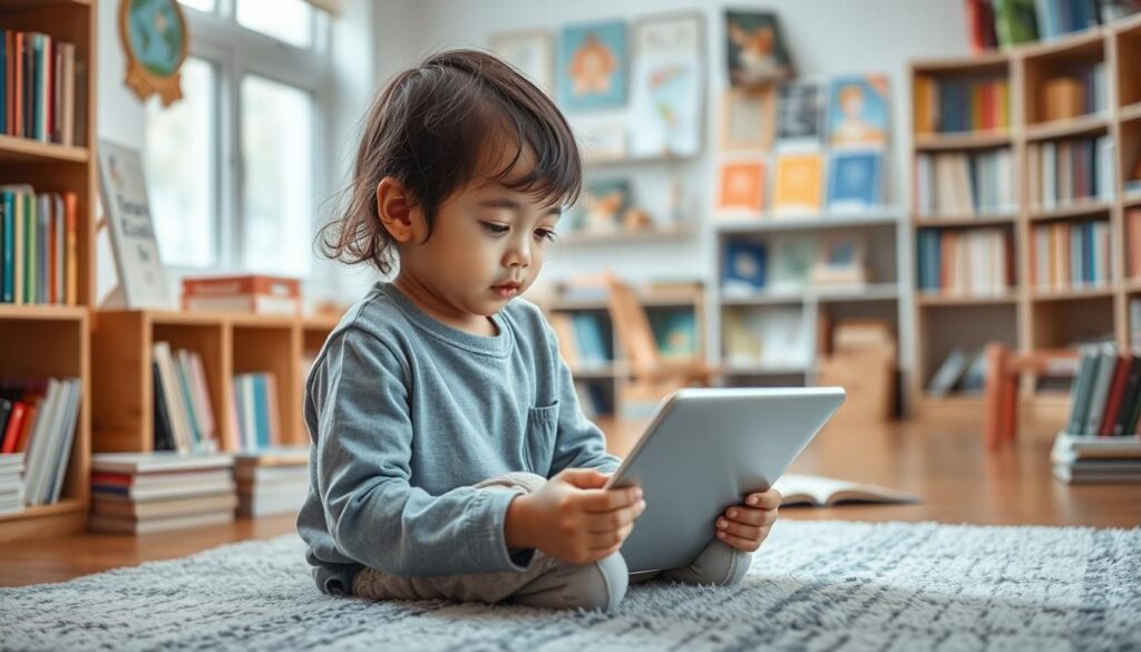 Generate an image of a child using a tablet with a calm and educational environment.