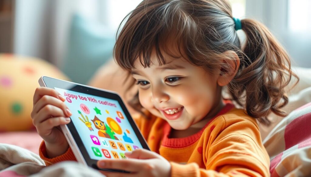 Generate an image of a child using a tablet with a creative app open.