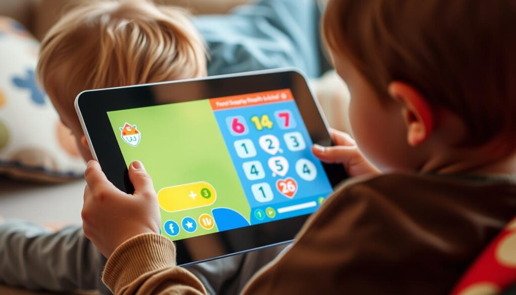 Generate an image of a child using a tablet with a math game on the screen.