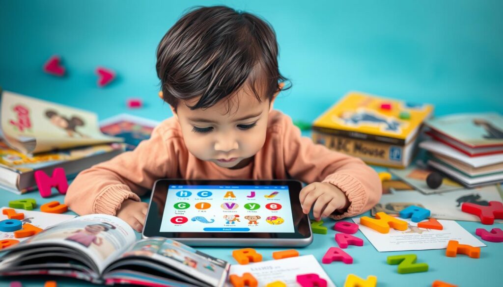 Generate an image of a child using a tablet with the ABC Mouse app interface on the screen, surrounded by alphabet letters and reading materials.