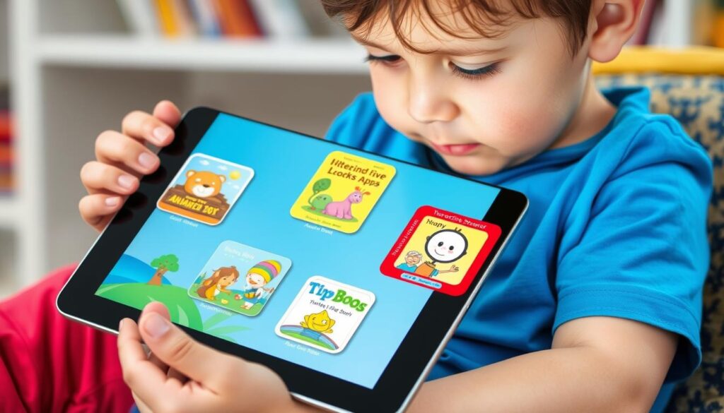 Generate an image of a child using a tablet with various educational story apps open, highlighting different digital storytelling formats.