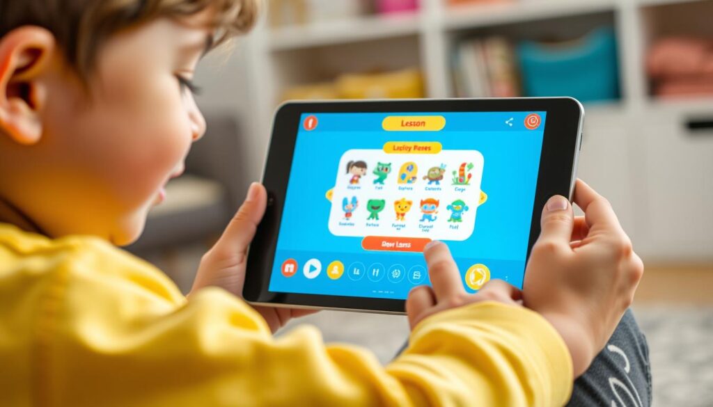 Generate an image of a child using the Lingokids app on a tablet, with a fun, interactive lesson on the screen.