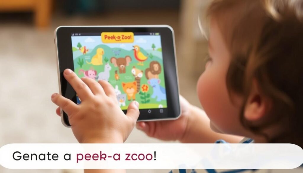 Generate an image of a child using the Peek-a-Zoo app, with a variety of animals displayed on the screen and the child mimicking an animal's action.