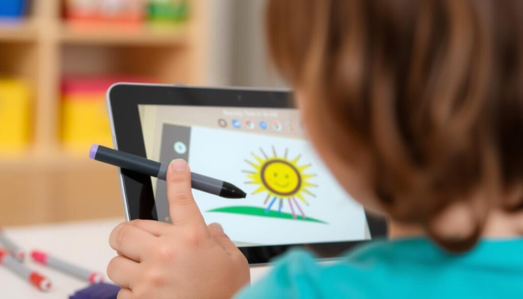 Generate an image of a child using the Seesaw app on a tablet, creating a drawing with a stylus.