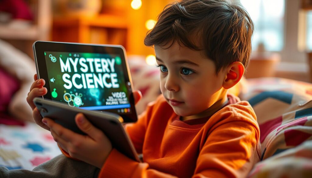 Generate an image of a child watching a Mystery Science video on a tablet, with a curious expression.