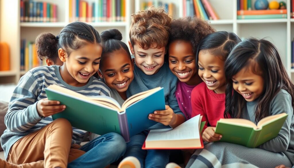 Generate an image of a diverse group of children reading books together