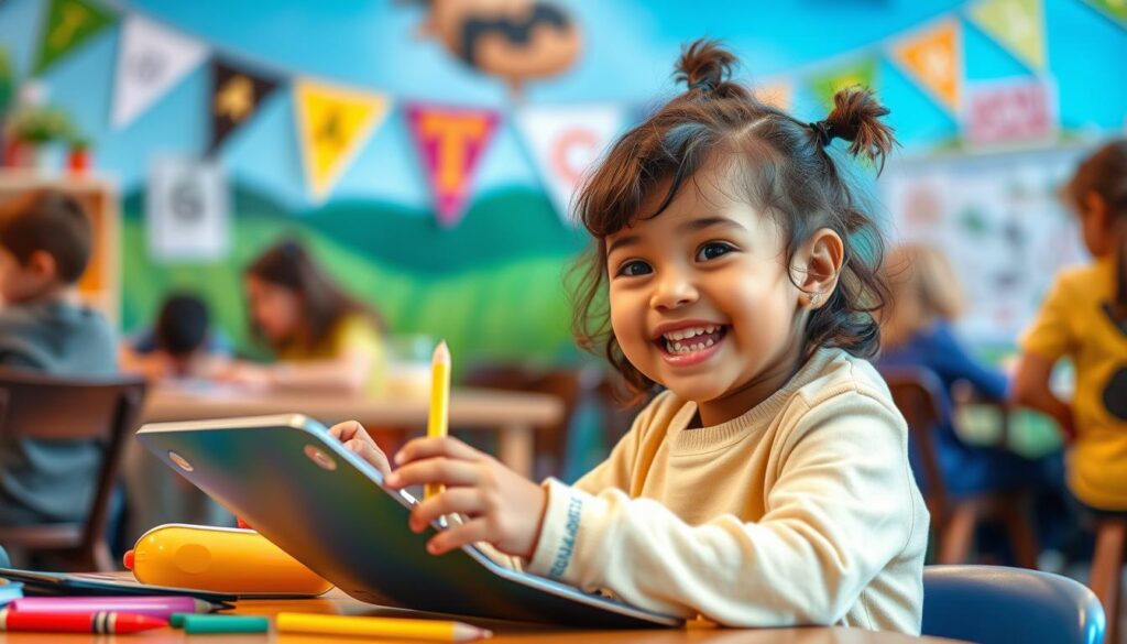 Generate an image of a happy child engaging in a learning activity at Lunesia.