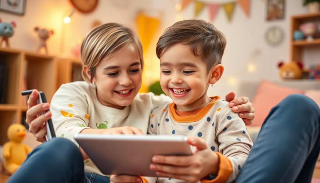 Generate an image of a happy preschooler engaging with Lunesia on a tablet, with a parent nearby, in a cozy home environment.