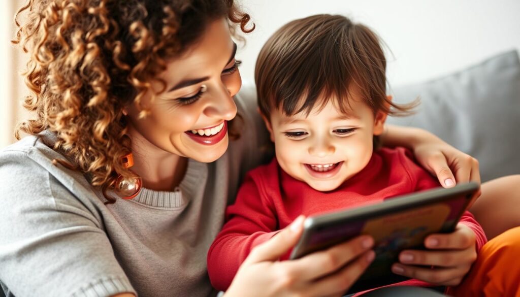 Generate an image of a parent and child reading an interactive story together on a tablet.