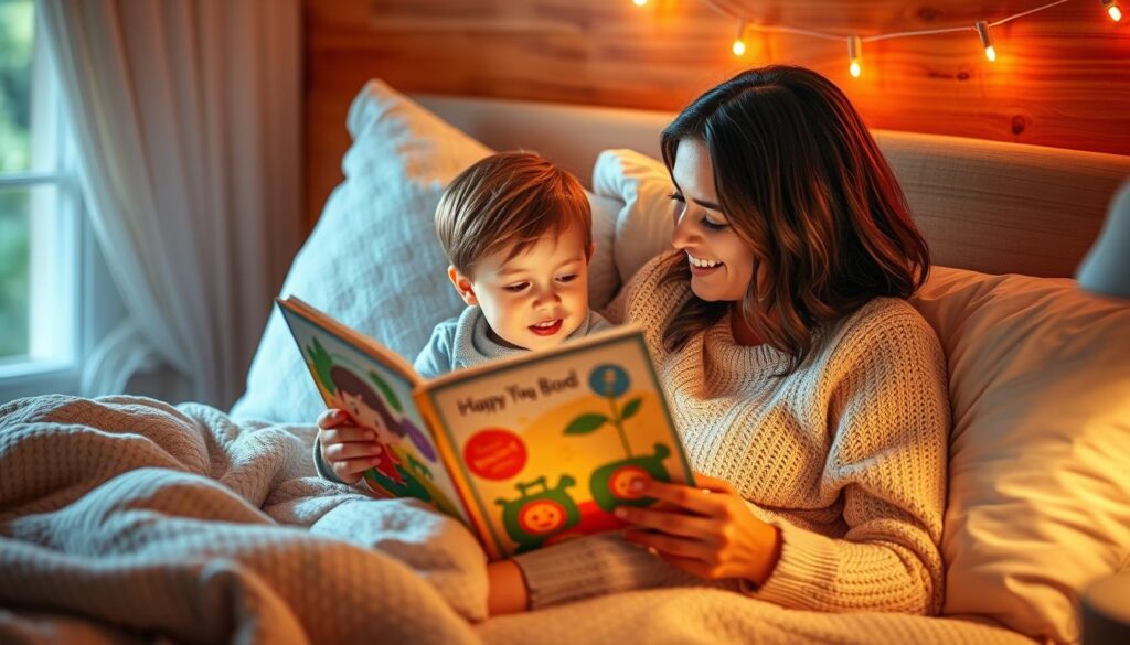 Generate an image of a parent reading a bedtime story to their child.