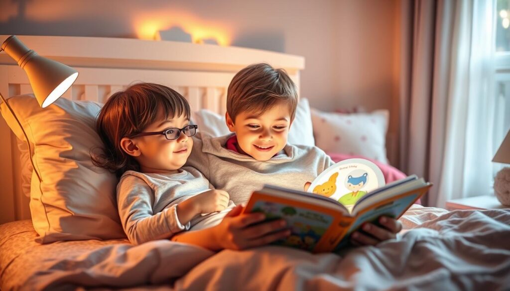 Generate an image of a parent reading an interactive story to their child before bedtime.