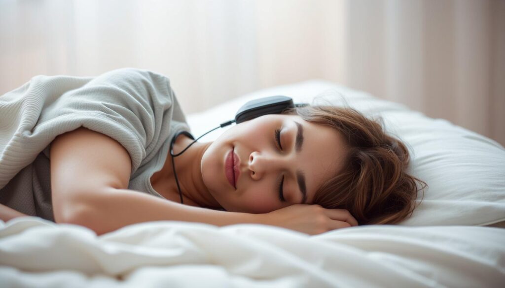 Generate an image of a person peacefully sleeping with headphones on, surrounded by a calming environment.