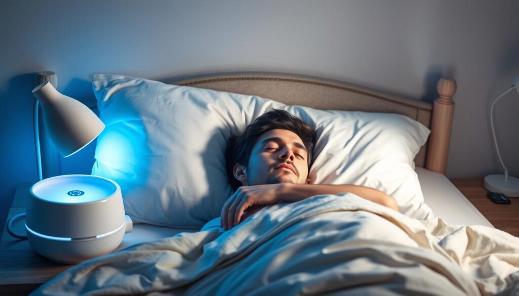 Generate an image of a person peacefully sleeping with various sleep technology devices around them.